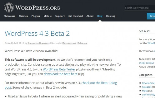 WordPress 4.3 测试版2发布 WordPress 4.3 测试版2发布